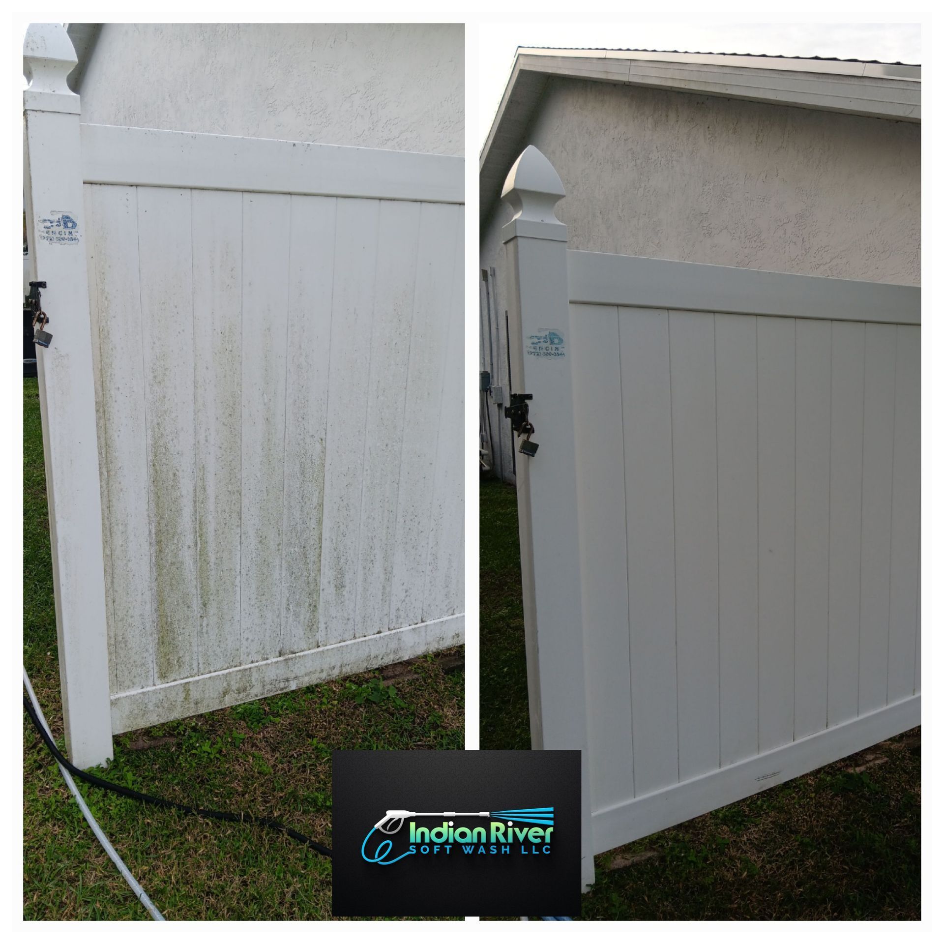 A before and after photo of a white fence