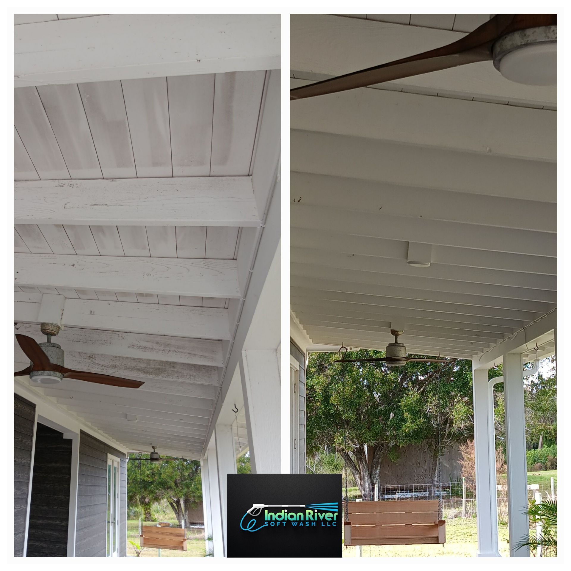 A before and after photo of a porch with a ceiling fan