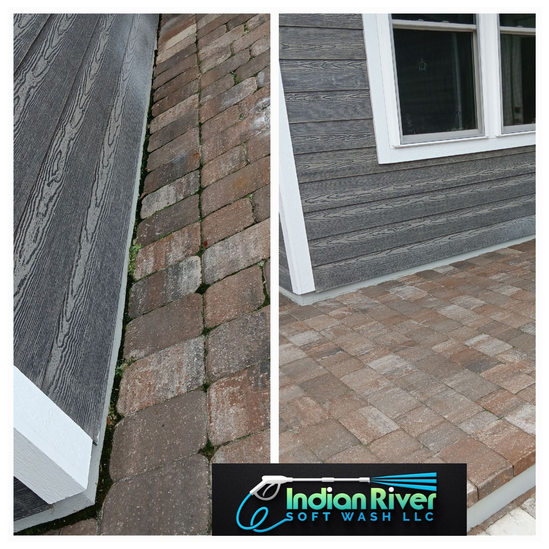 A before and after photo of a brick walkway