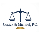 Cusick & Michael, P.C. logo with navy scales of justice and gold base on white background