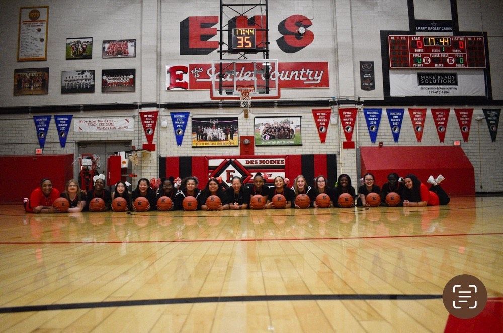 Basketball team lined up on a gym bench with basketballs, red uniforms, and banners in the background