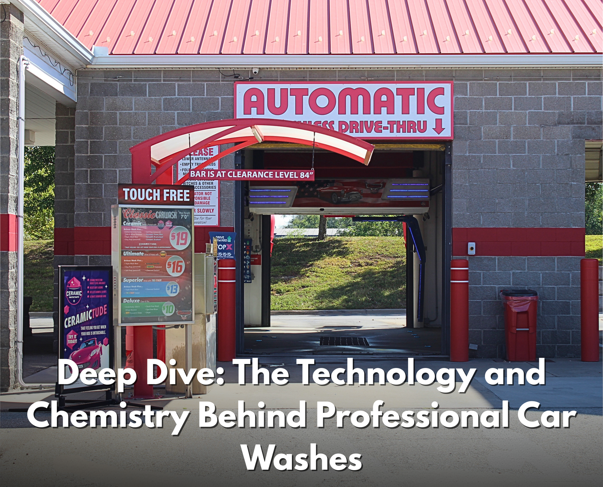 Exterior view of an automatic car wash with red signage and brick walls. Text: 