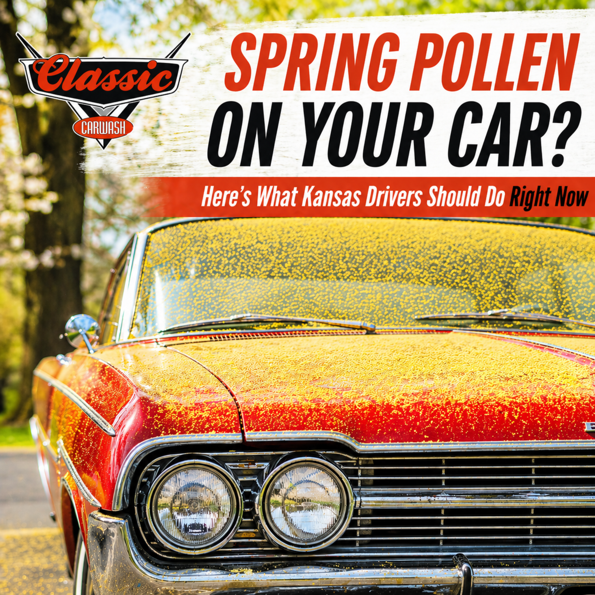Red car covered in yellow pollen with headline “Spring Pollen on Your Car?”