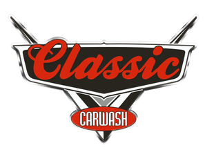 A classic car wash logo with a car in the background.