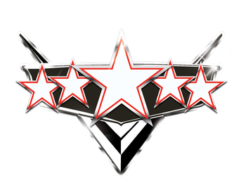 A black and white logo with 5 stars on it