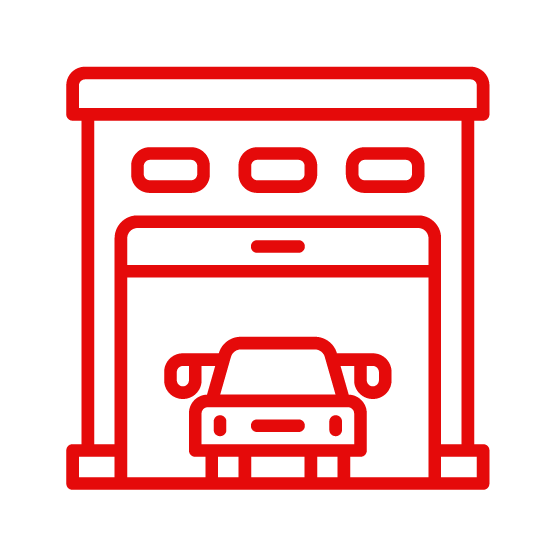 A red line icon of a car parked in a car wash bay