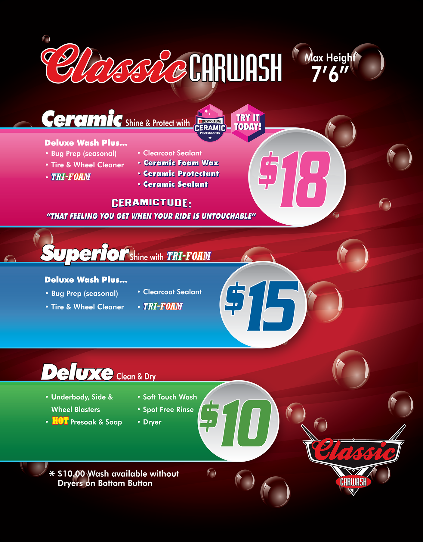 Touchless Car wash menu with a ceramic package for $20, a superior wash with tri-foam at $15, and deluxe wash with a hot pre-soak for $10