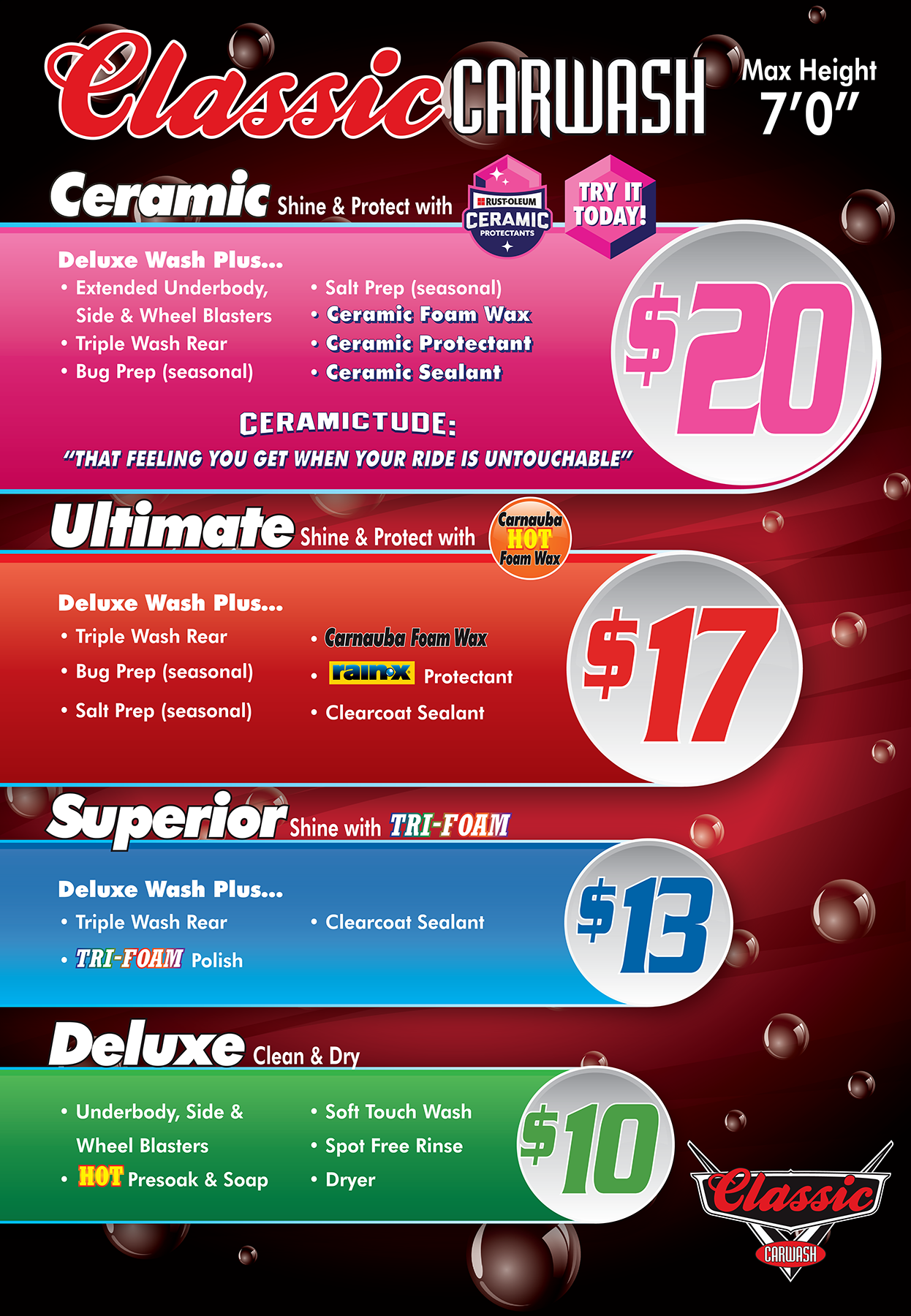 Touchless Car wash menu with a ceramic package for $20, an ultimate wash with hot foam wax at $17, a superior wash with tri-foam at $13, and deluxe wash with a hot pre-soak for $10
