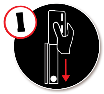 A black circle withe the number 1 on it and an icon of a hand with a credit card and terminal
