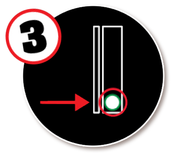 A black circle with the number 3 and an icon of a credit card terminal with a red arrow pointing at a green circle