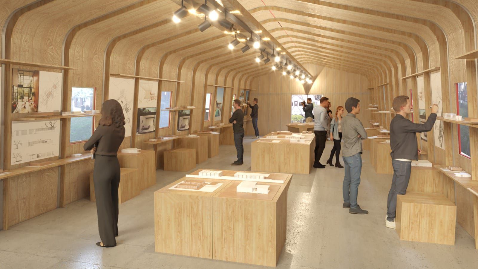 Gente recorriendo una galería de arte con paredes de madera clara y mesas de exhibición, iluminación suave.