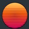 Atardecer retro en tonos naranja y rojo, con líneas horizontales sobre un fondo gris oscuro.