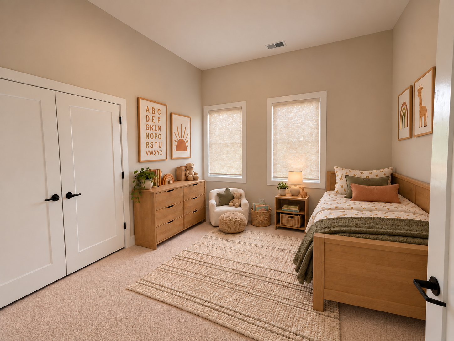 AI rendering of a second bedroom, with a bed, dual closet doors and two tall windows