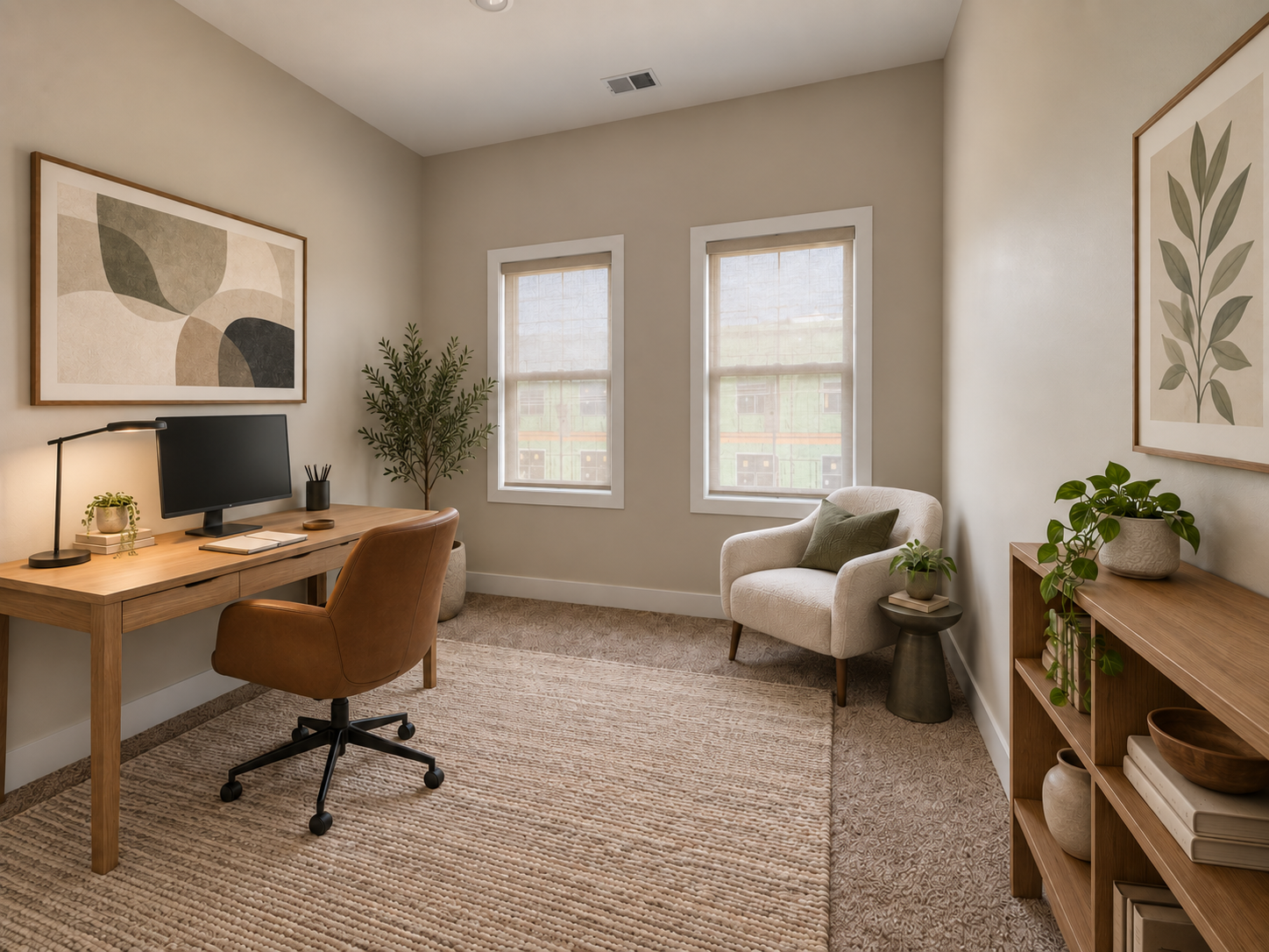 AI rendering of a room that's been set up as an office
