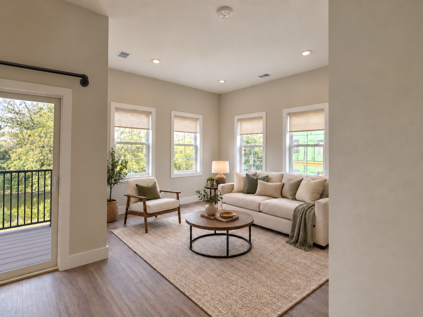 AI rendering of a living room with plenty of natural lighting