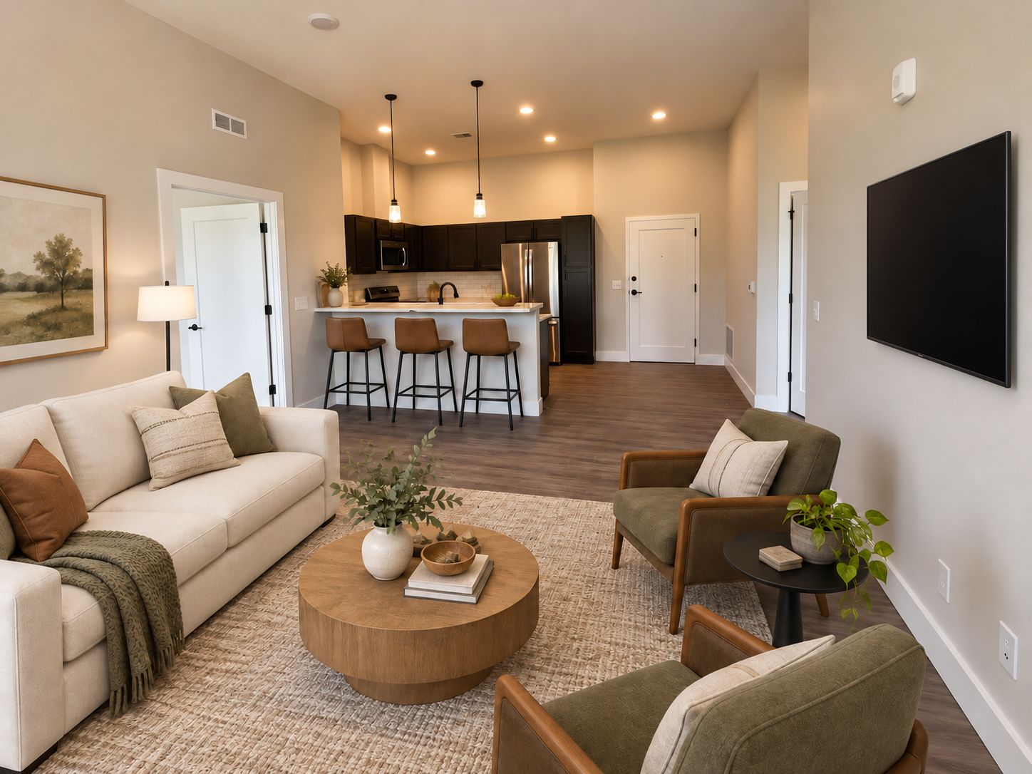 AI rendering of a living room, showing the bar area in the middleground and kitchen in the background