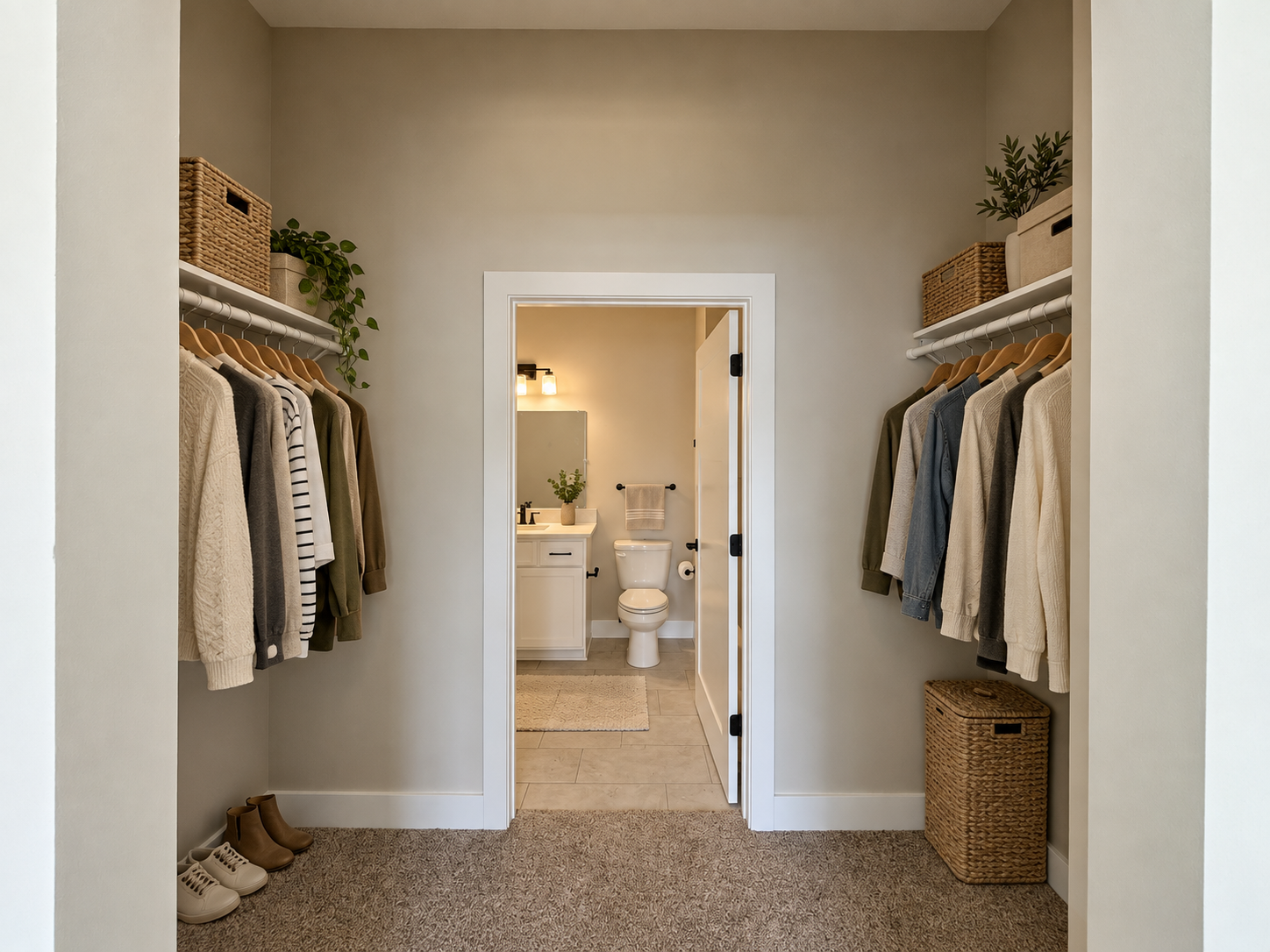 AI rendering of a walk-in closet in a master bedroom