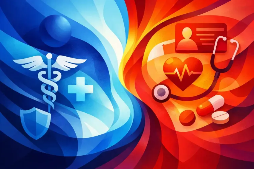 Blue and red healthcare symbols with caduceus, shield, stethoscope, heart, and medical icons