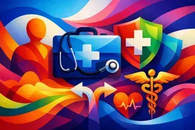 Colorful healthcare collage with medical cross icons, stethoscope, heart, and caduceus on flowing ribbons