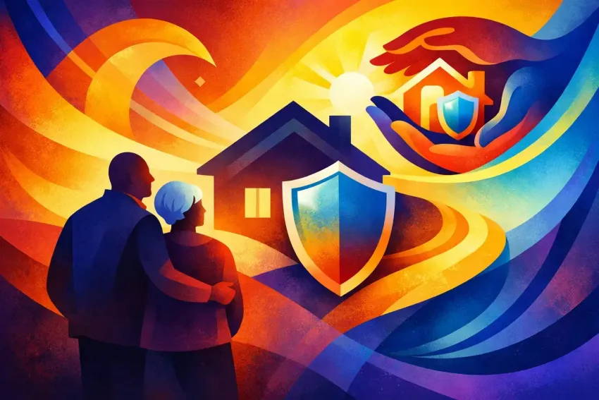 Family near house with shield, symbolizing home security, in warm orange and blue abstract colors
