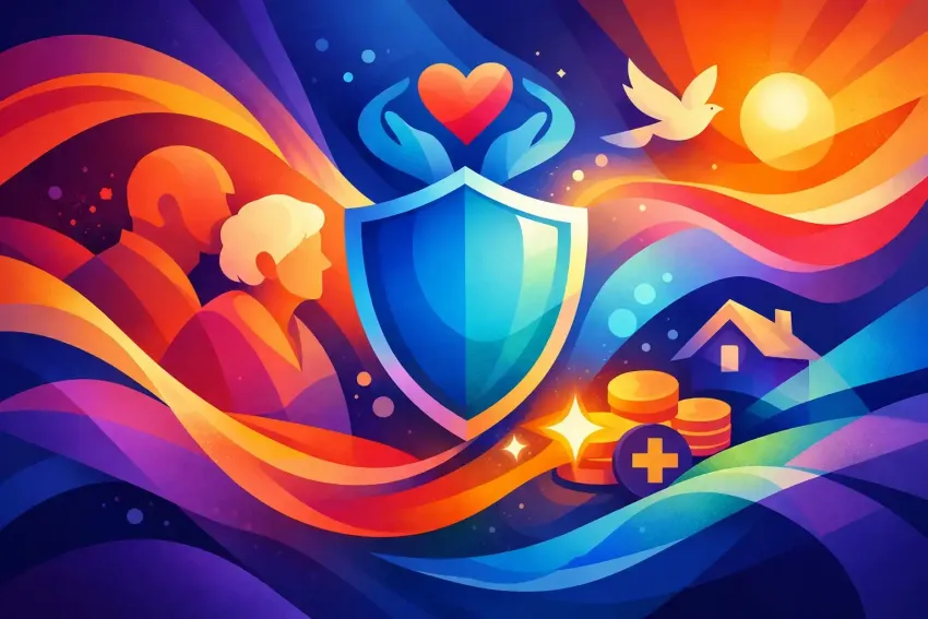 Colorful health and wellness illustration with shield, heart, dove, sun, and medical cross symbols