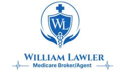 Blue William Lawler Medicare Broker/Agent logo with shield, cross, and caduceus icon