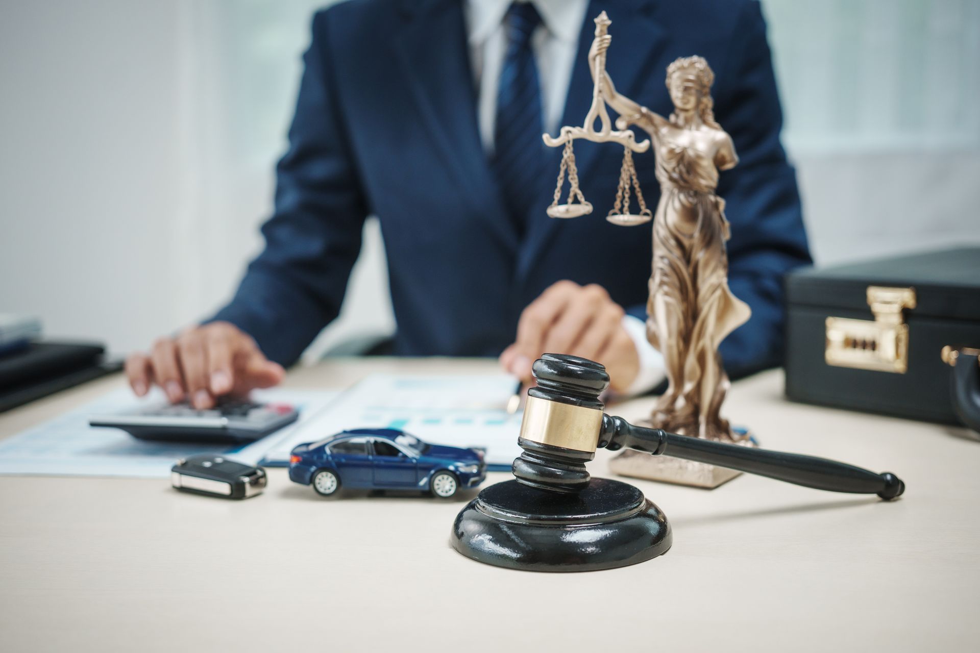 A man in a suit is sitting at a desk with a statue of justice and a gavel.