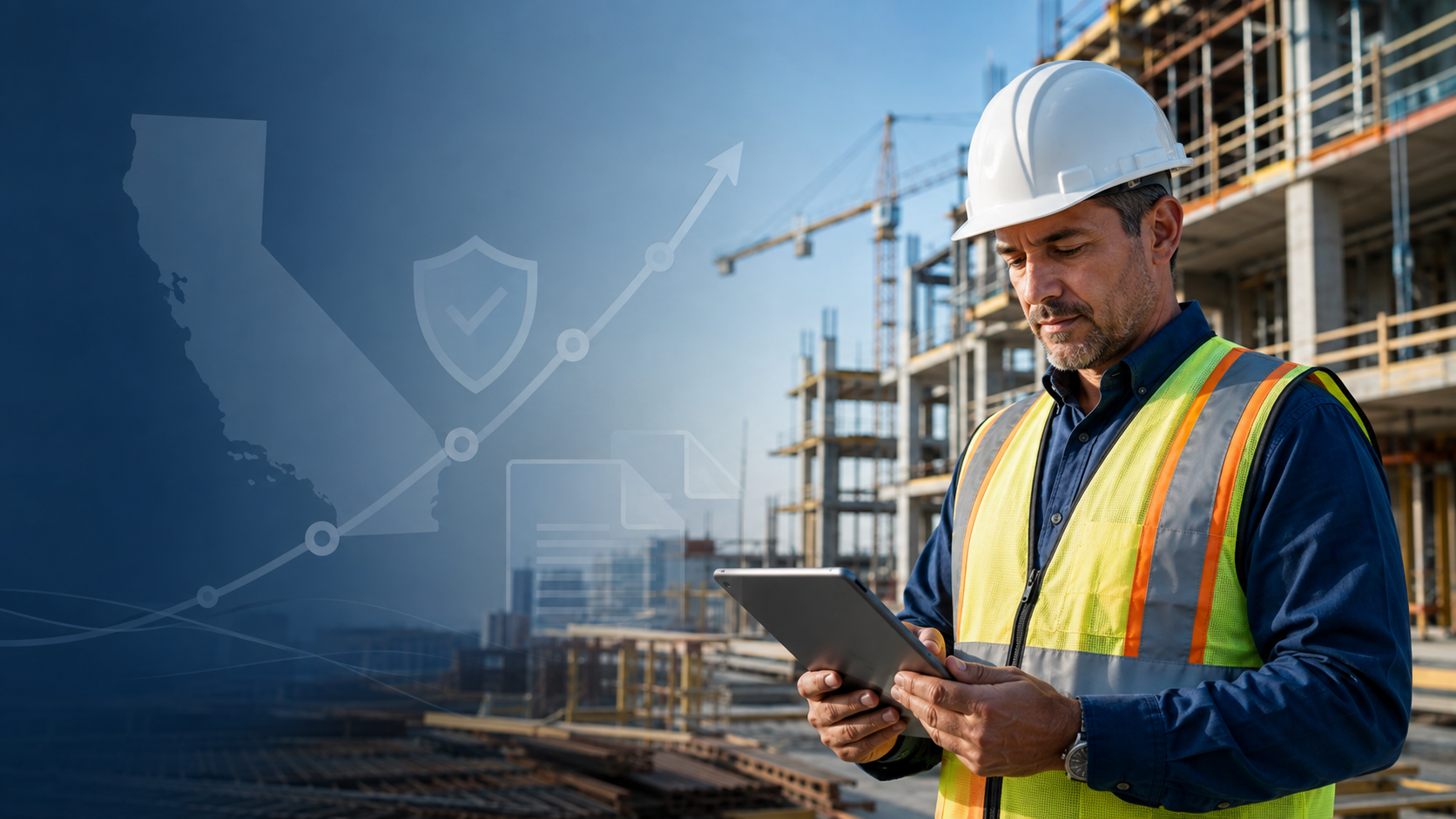 California contractor reviewing workers’ compensation information at a construction site.