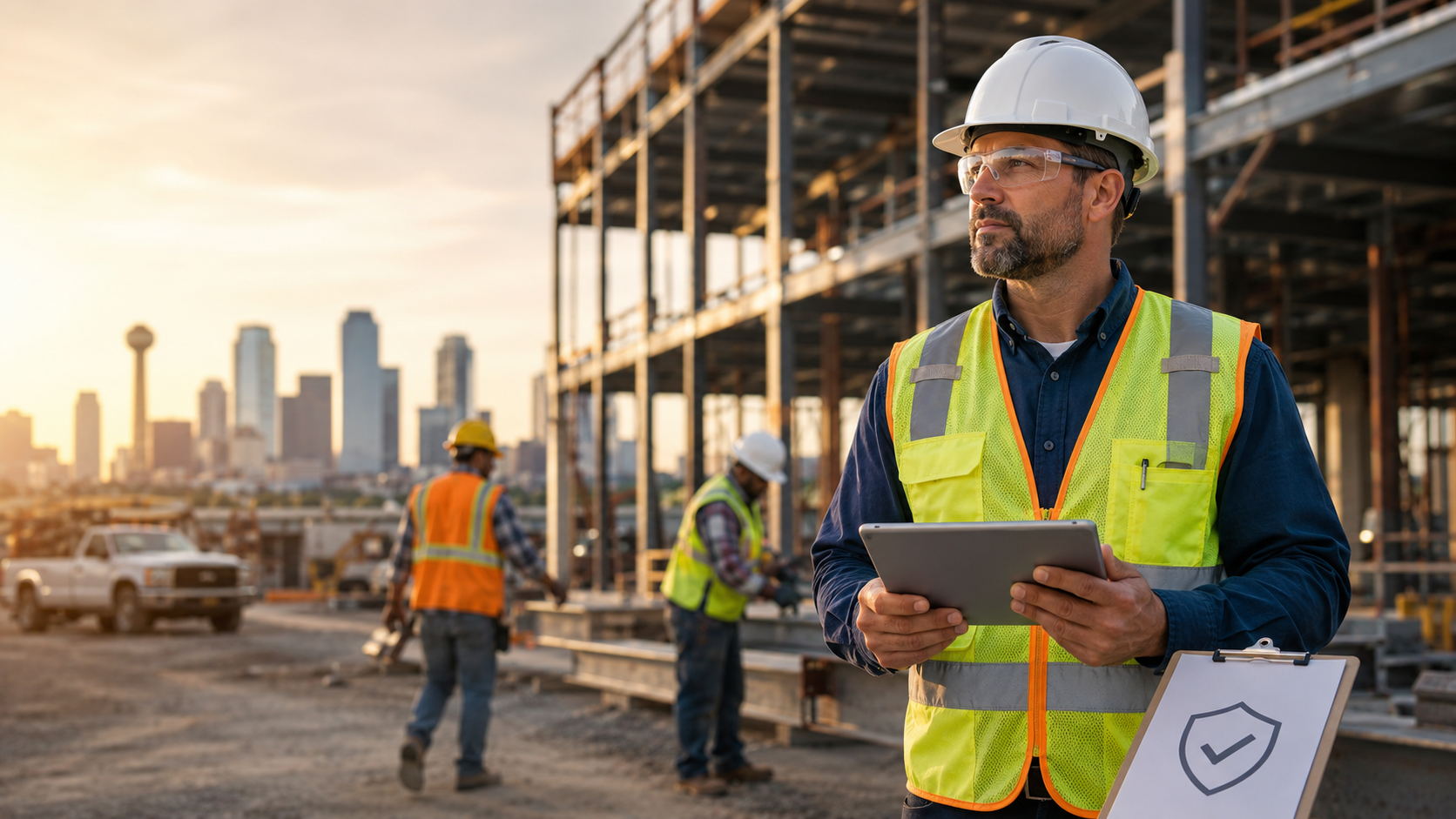 Texas construction superintendent reviewing project plans at a commercial jobsite with workers weari