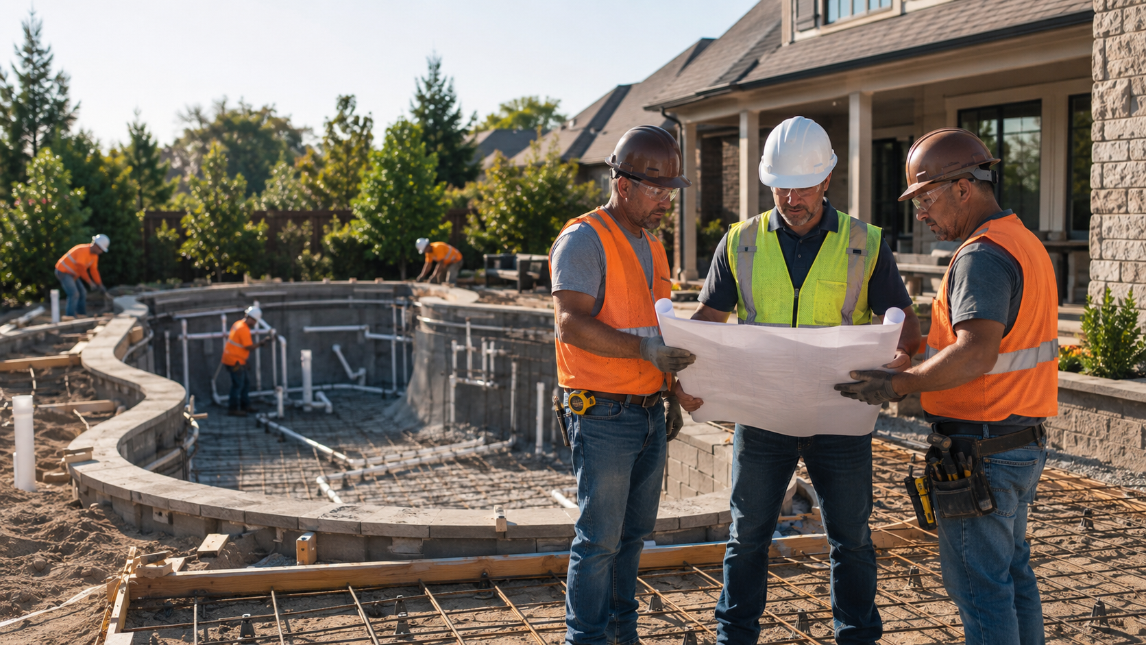 construction workers reviewing plans for pool