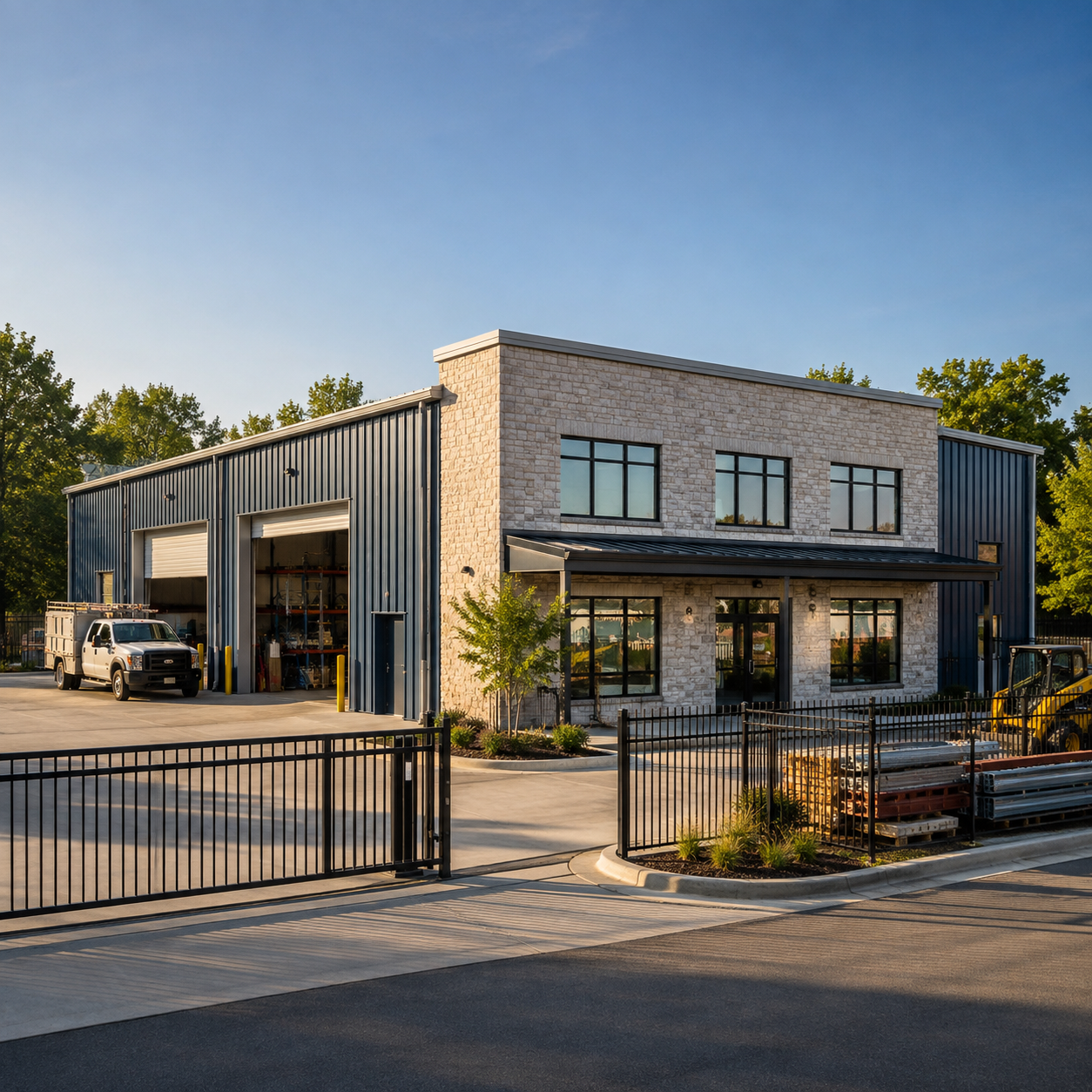 Modern two-story commercial building with large glass garage doors and a gated driveway at sunset