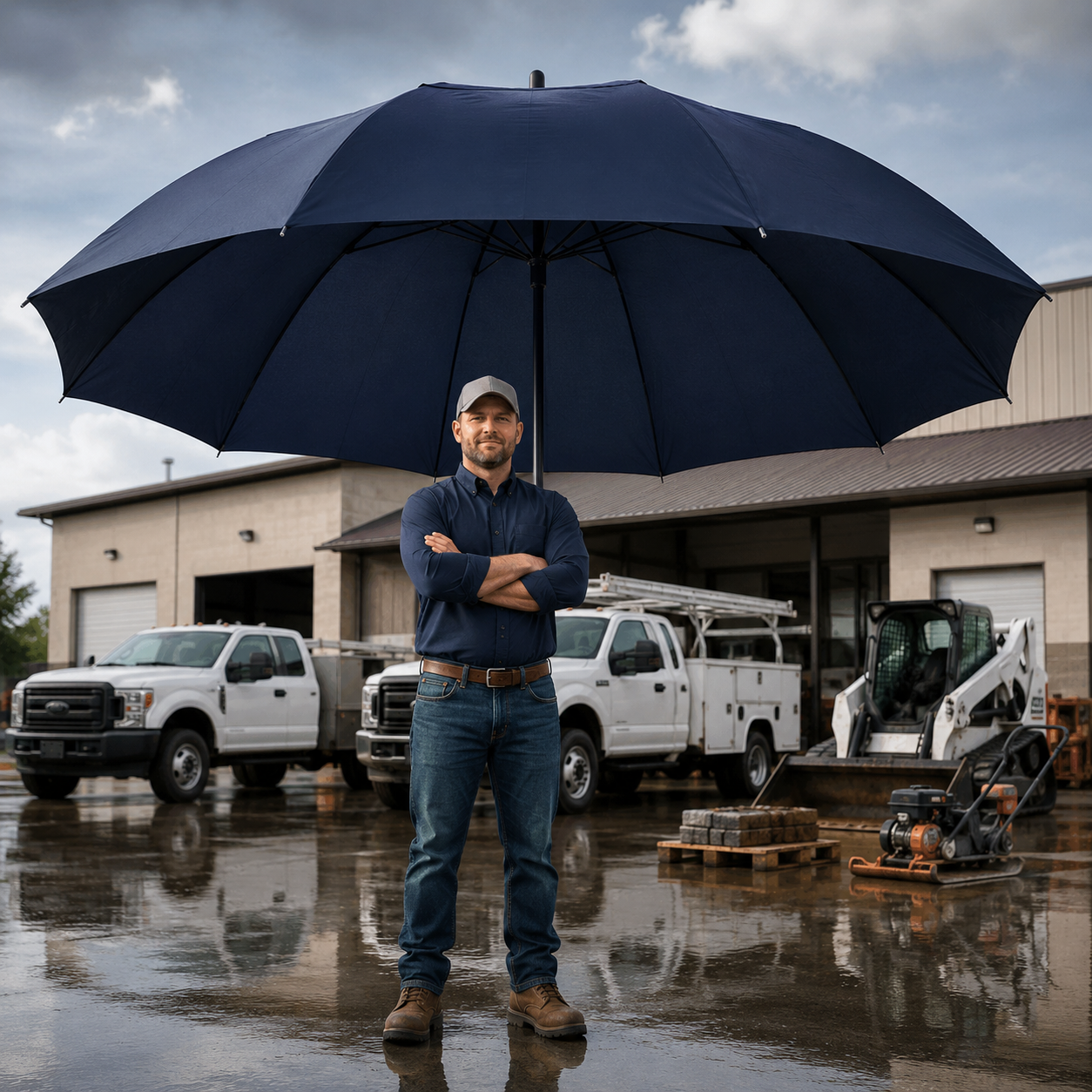 Worker stands under a large umbrella in a rainy equipment yard with trucks and trailers.