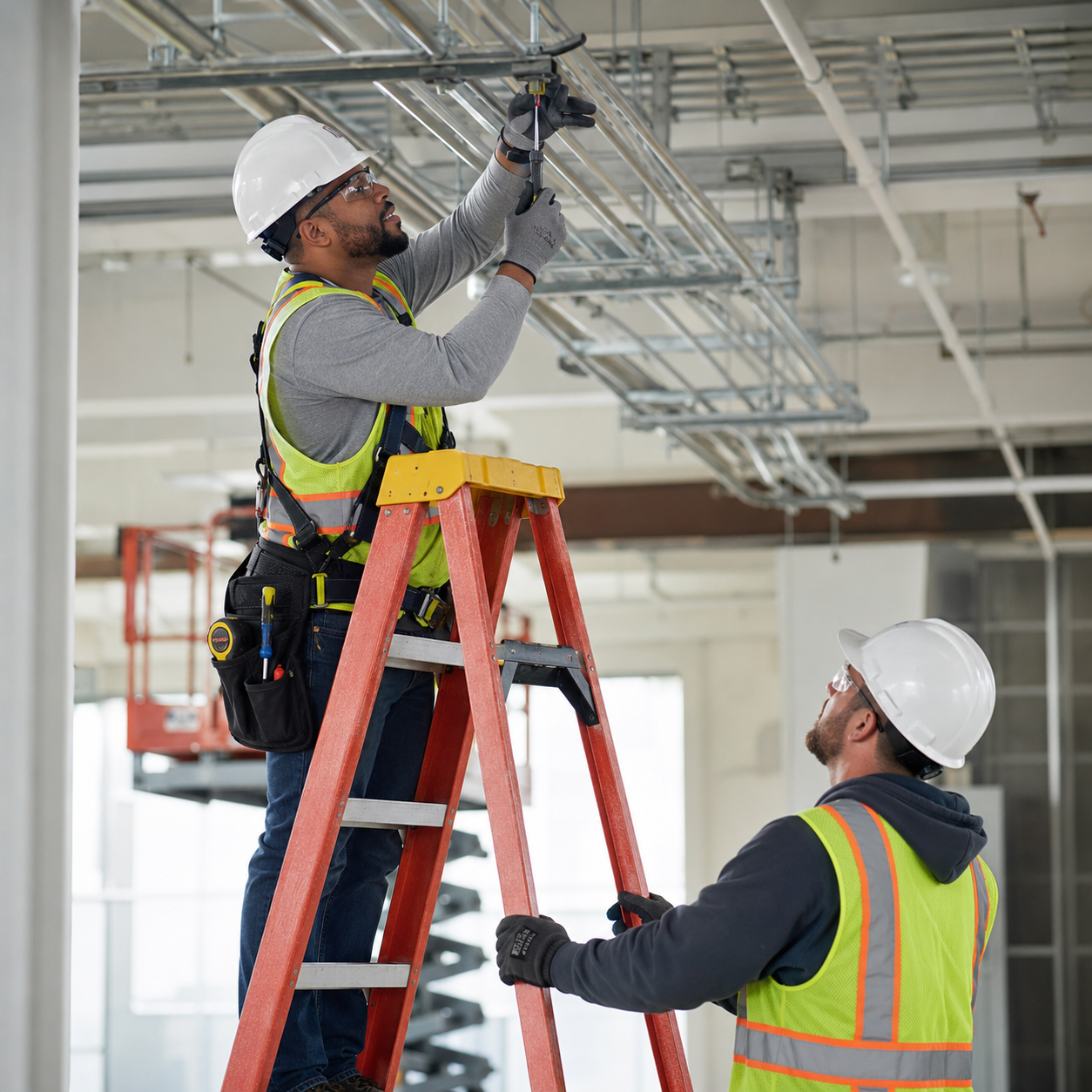 Two construction workers in hard hats and safety vests working on ceiling wiring from a ladder
