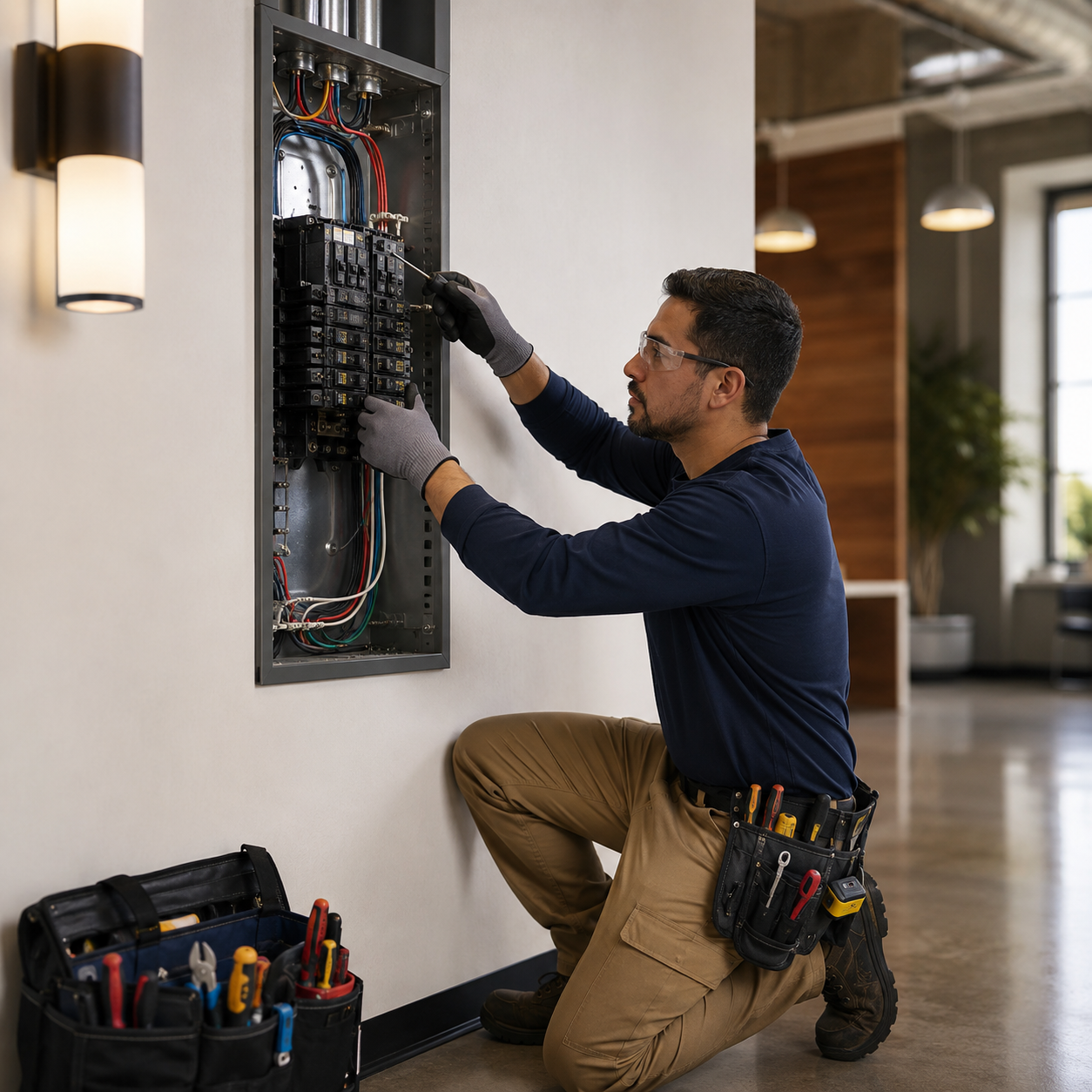 Electrician installing wiring in a wall electrical panel, kneeling in a modern hallway.