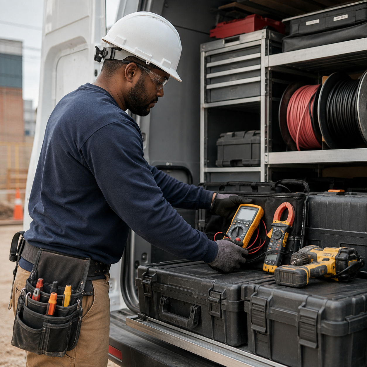 Technician in hard hat checks a handheld tester beside tools and coiled cables in a service van.