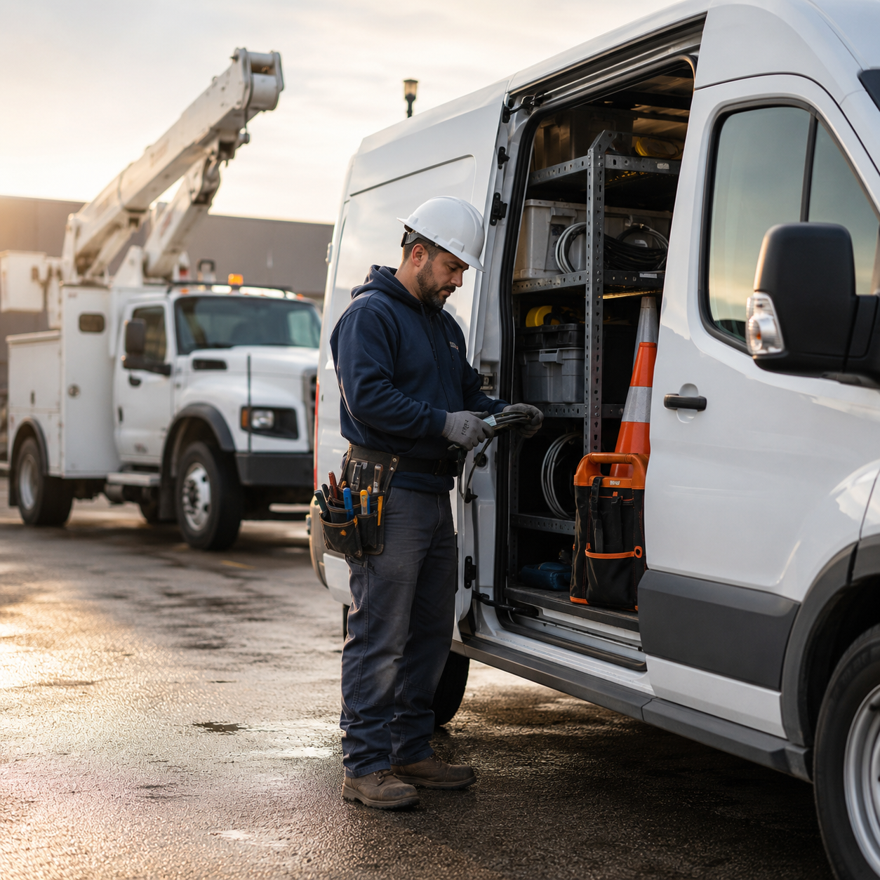 Utility worker inspecting equipment in an open white service van, with a bucket truck behind on a wet street