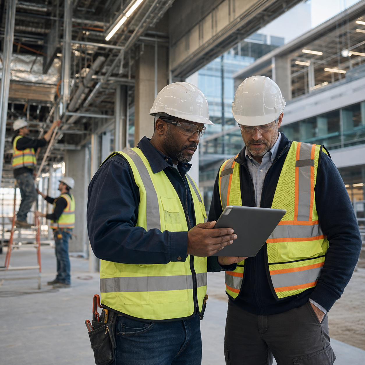 Two construction workers in hard hats and safety vests reviewing a tablet on a job site