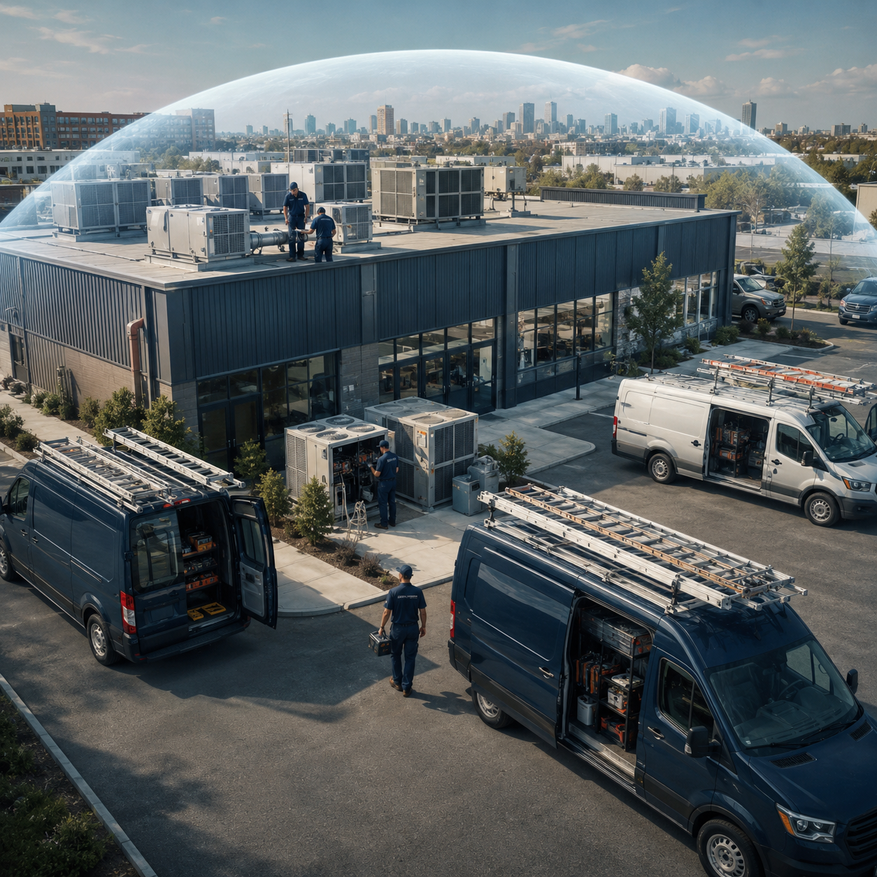 Mobile office trailer under a transparent dome, with parked vans and a city skyline in the background