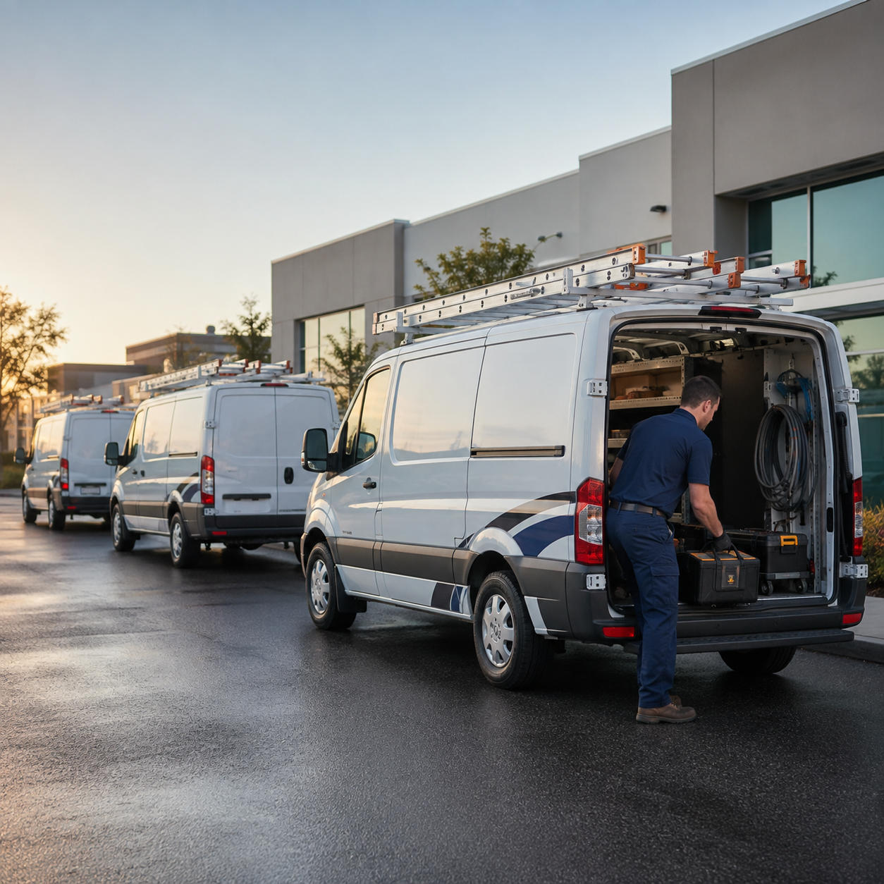 Service vans parked outside a building, with a worker loading equipment into the nearest van.