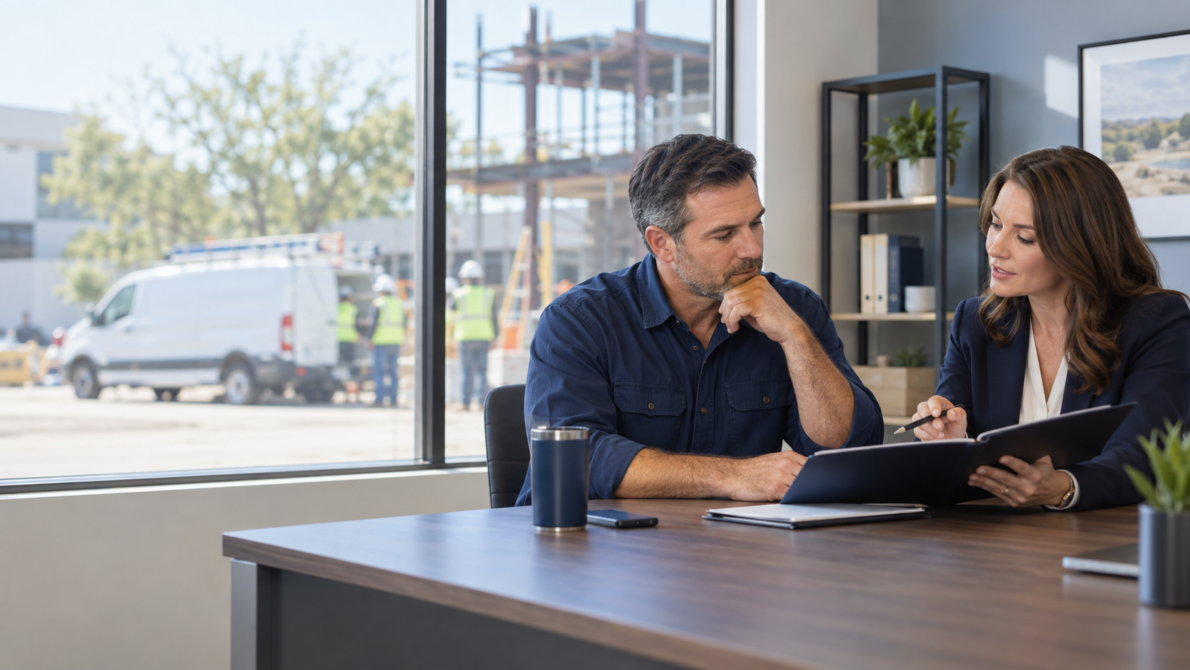 Two coworkers discuss a tablet at a desk in a bright office with a large window.