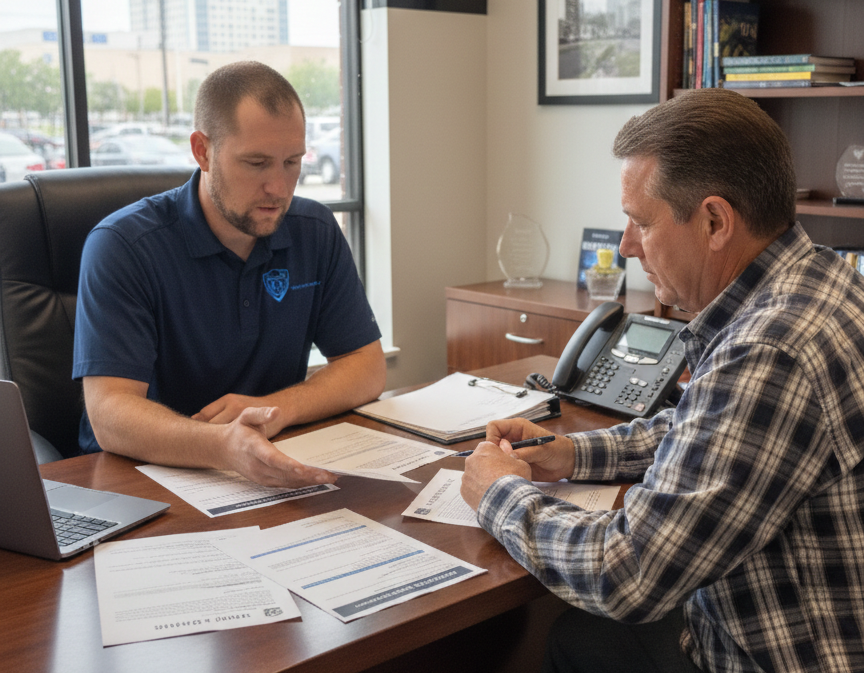 Two men review documents at a desk in an office. One points while speaking.