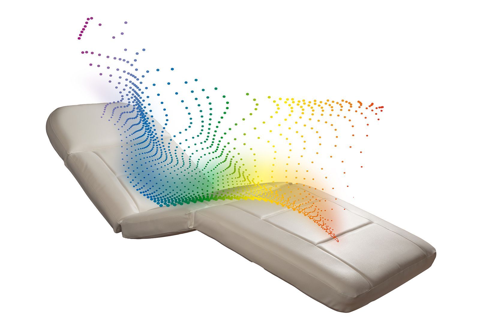 Ein weißes Sofa, aus dem ein Regenbogen aus Farben hervorquillt.