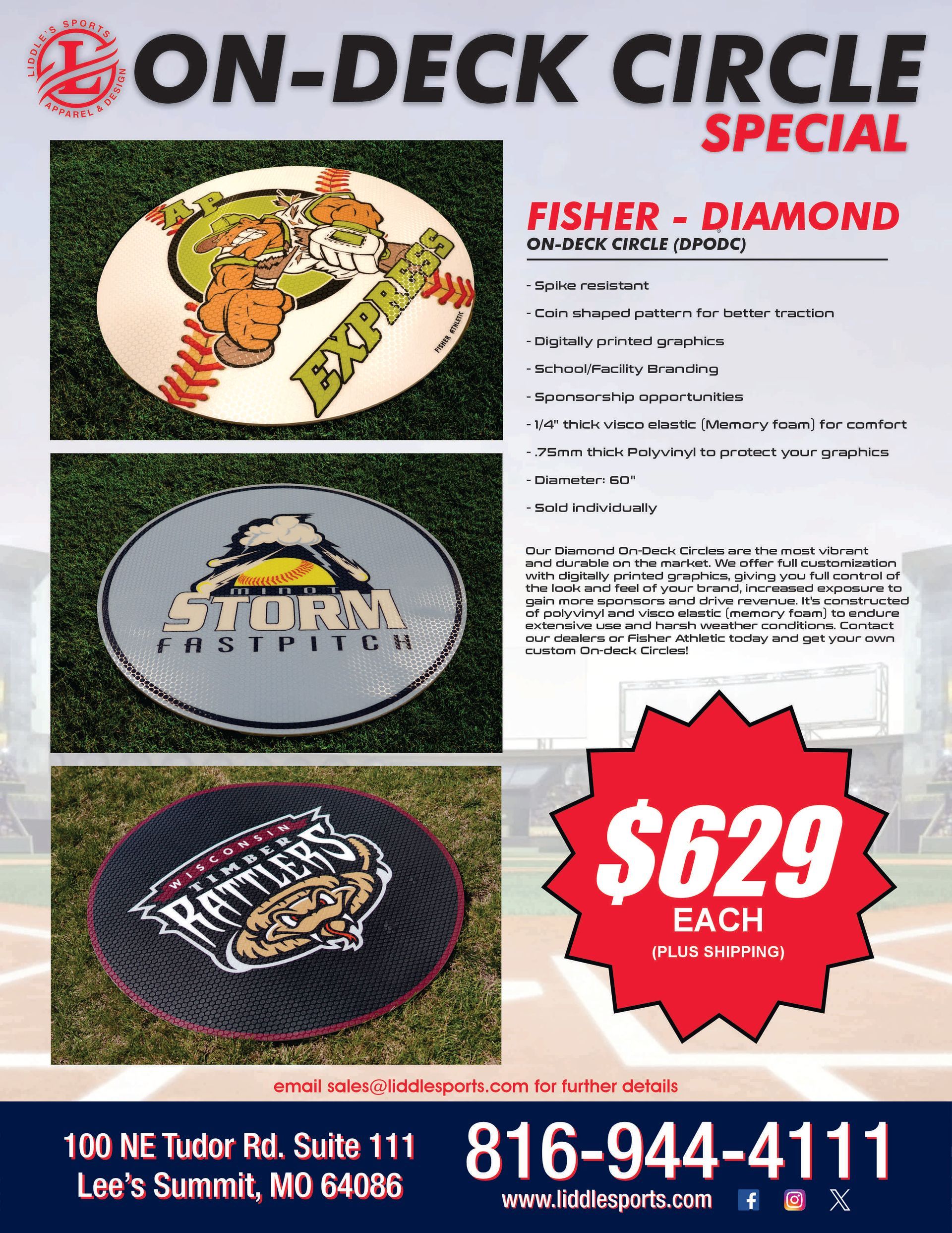 On-deck circle special ad with custom logo mats and turf circles, priced at $629 each