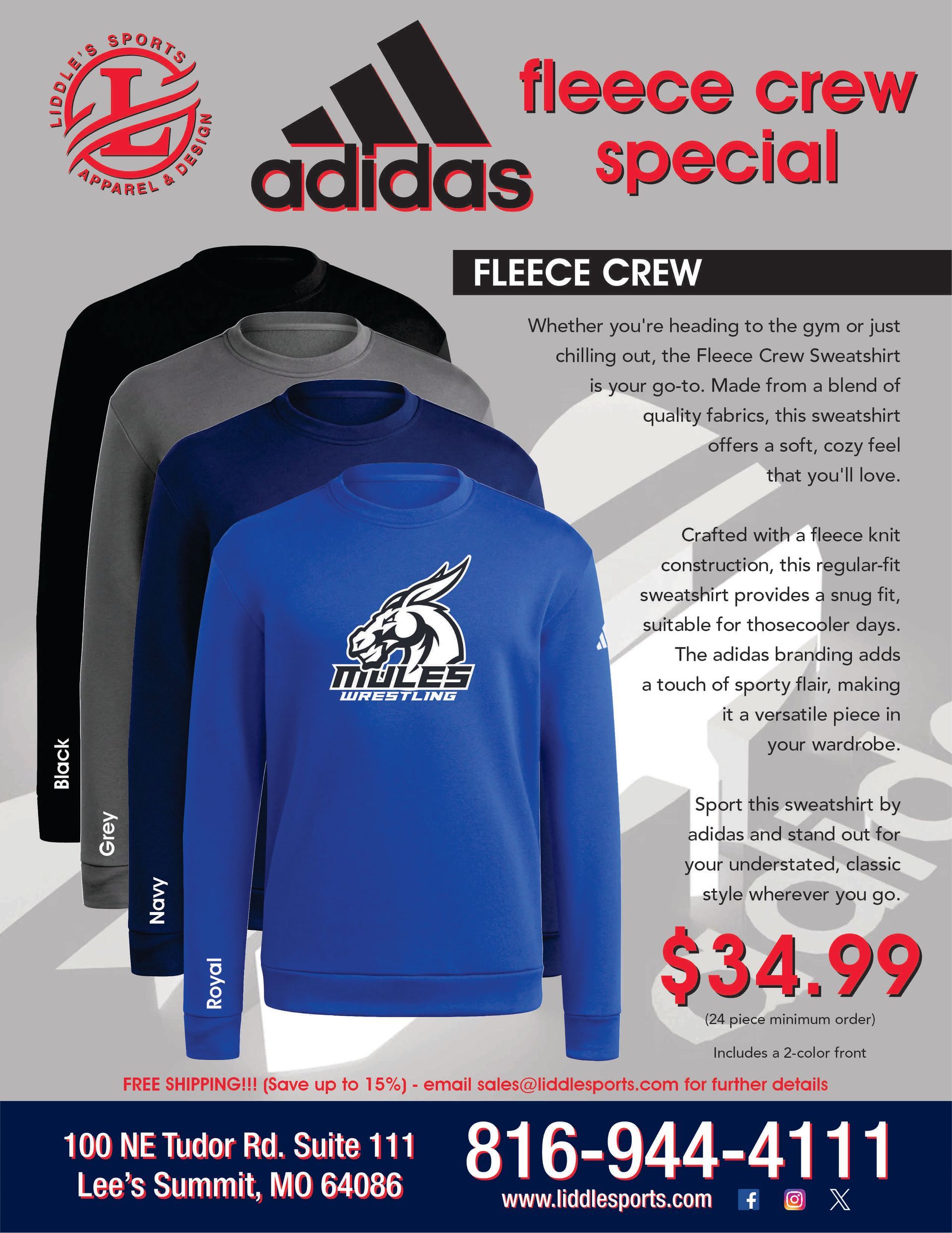 Adidas fleece crew special in blue, gray and black, with a team logo and price of $34.99.