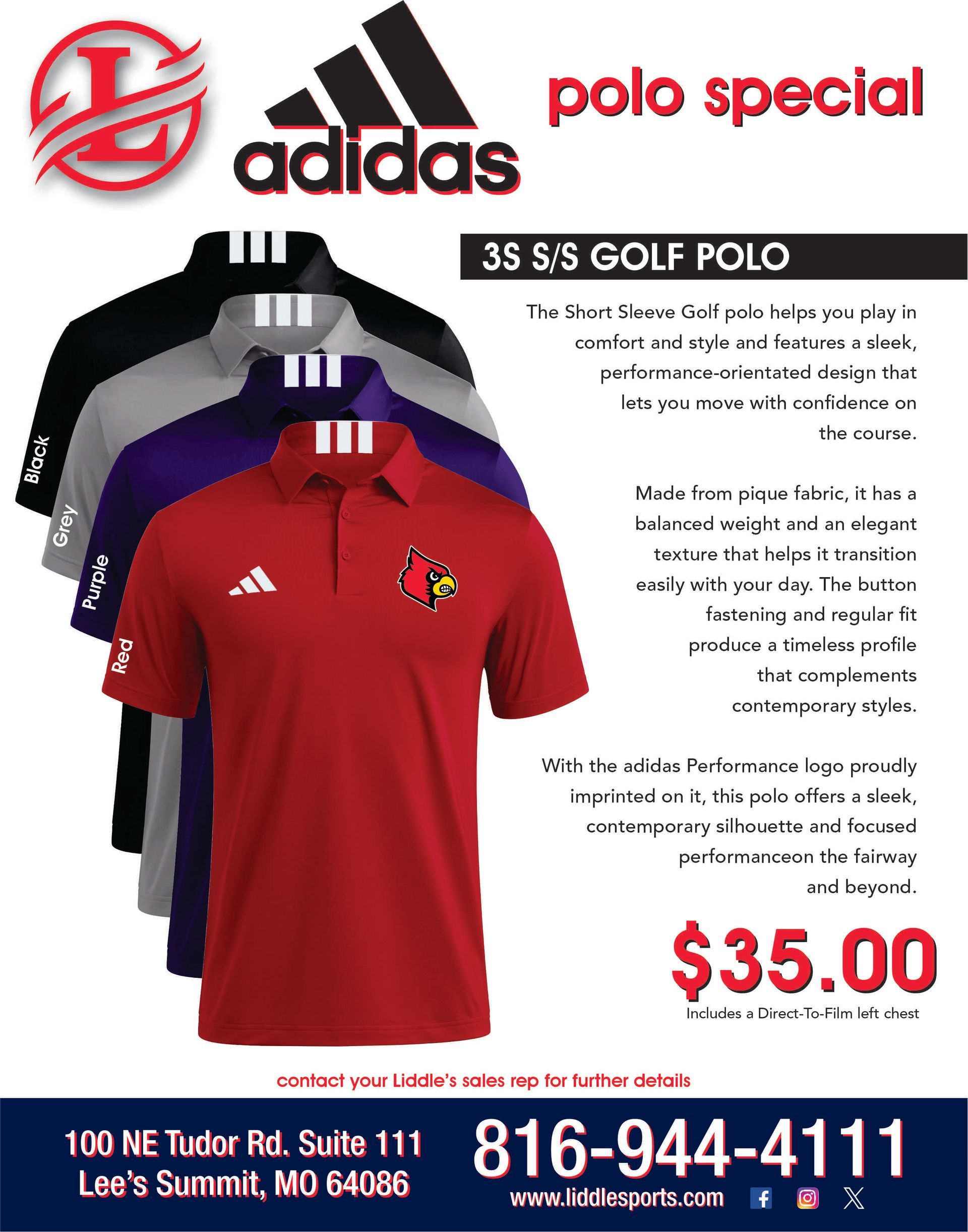 Adidas quarter-zip sweatshirt special for $43.00 in black, gray, and purple, with shop contact info.