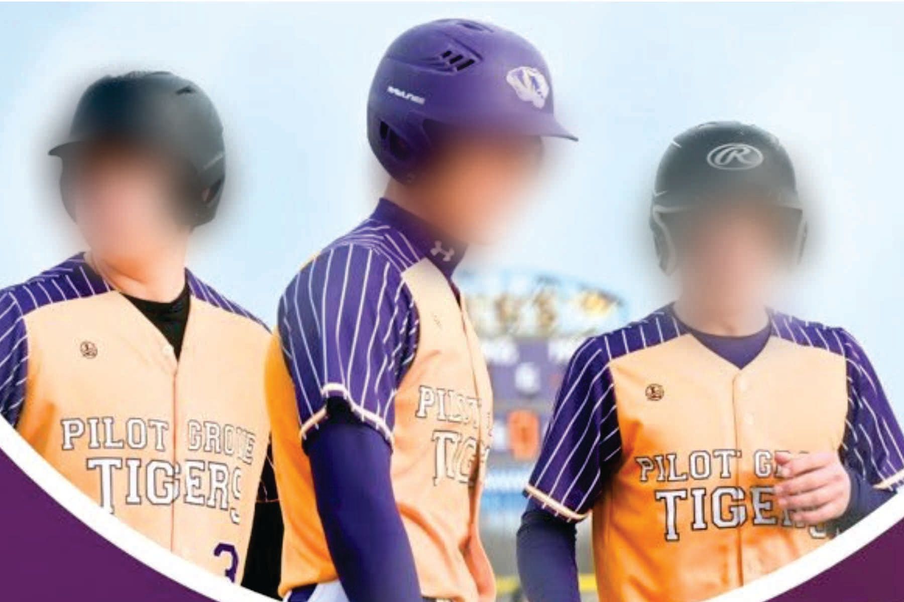 Three baseball players in purple and cream Liddle's uniforms pose against a bright sky.