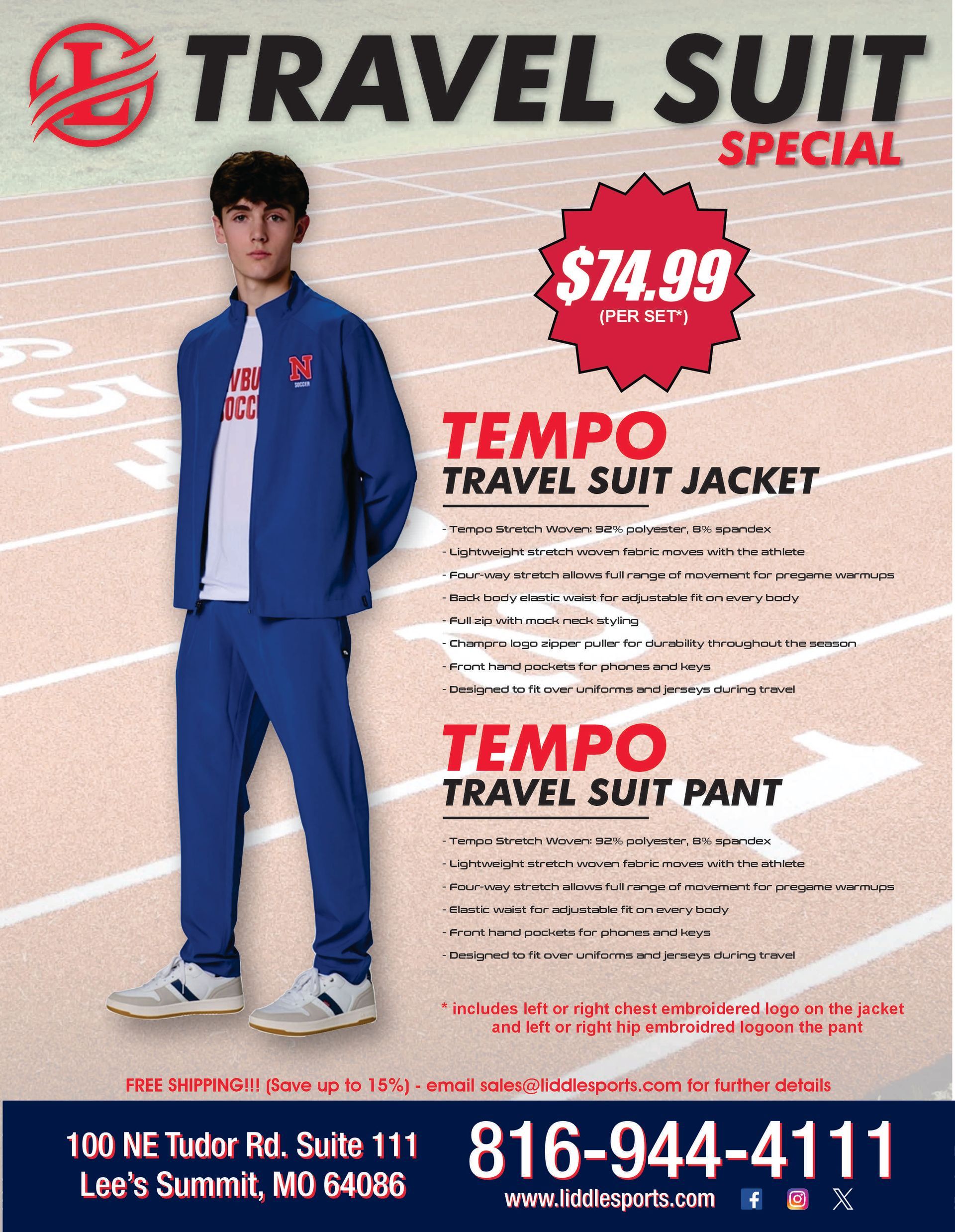 Travel Suit ad with man in blue jacket and pants, $74.99 special