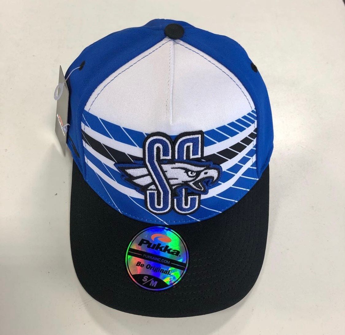 Blue and black baseball cap with logo