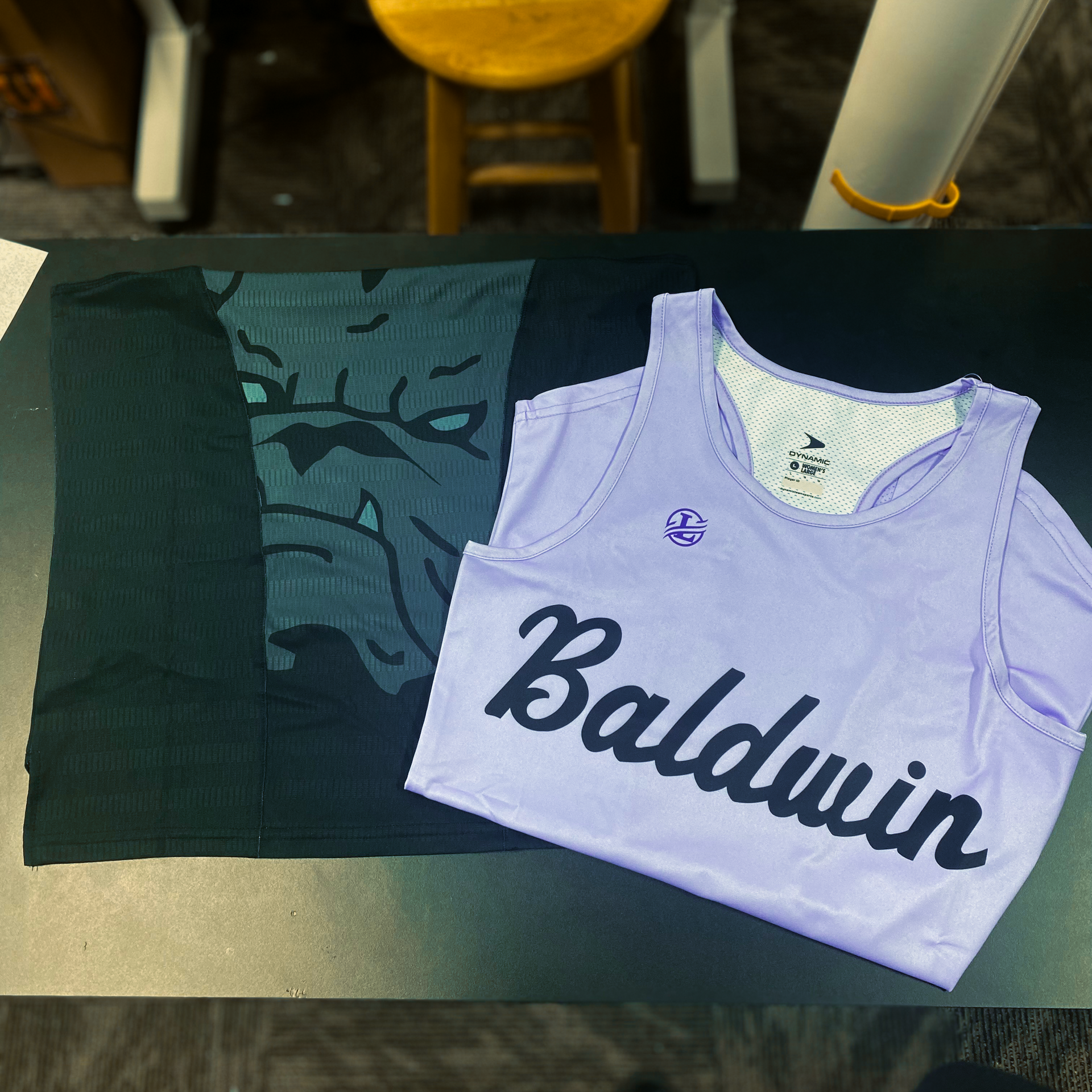 Black t-shirt with bulldog graphic next to a lavender Baldwin tank top on a dark surface.
