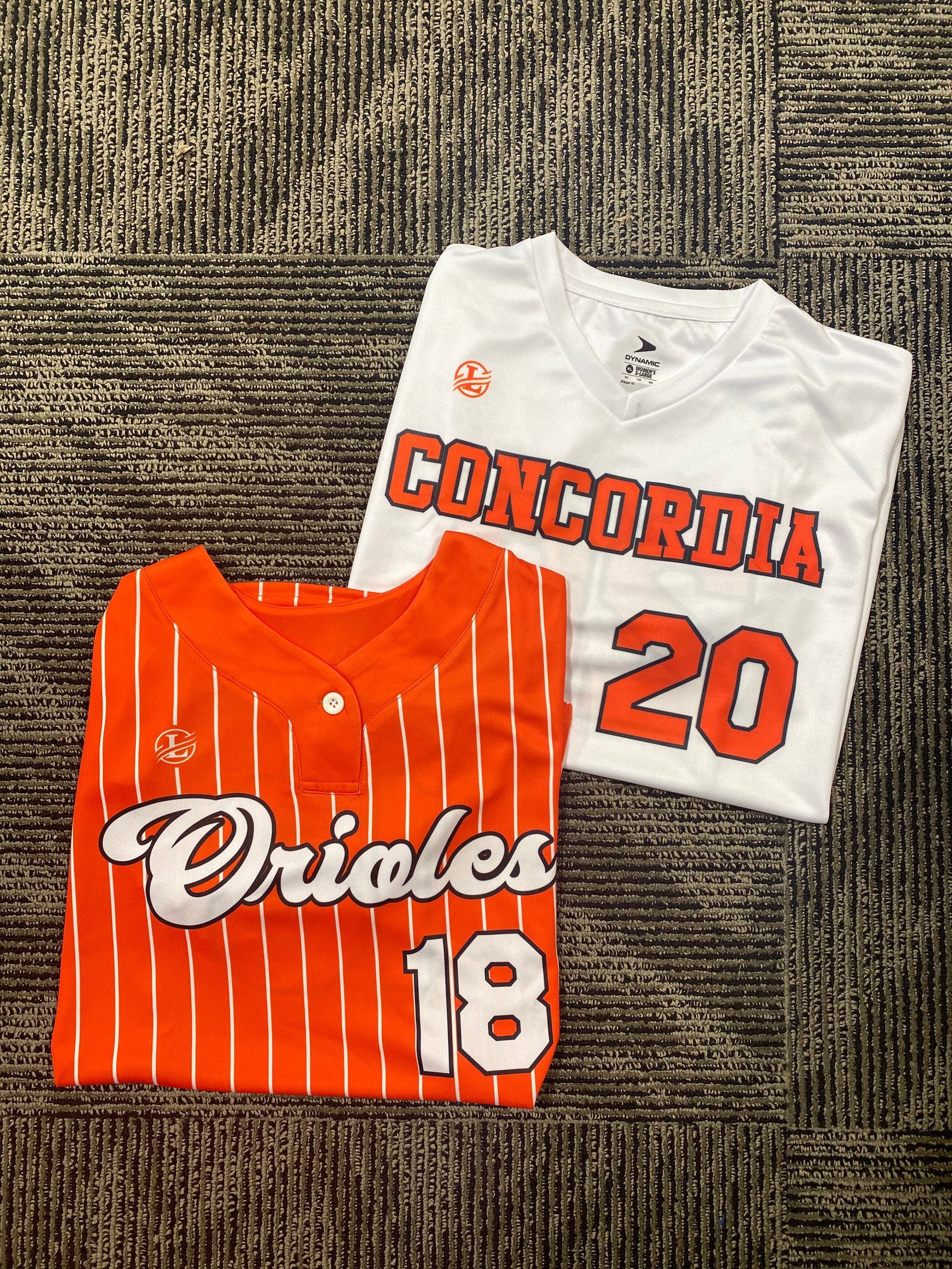 Two baseball jerseys: Orange